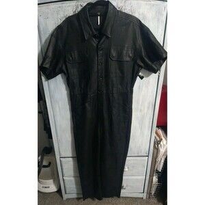 Free People Faux Leather Jumpsuit Black Large City Grunge Biker Classic Sleek